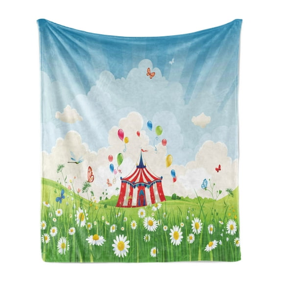 Circus Soft Flannel Fleece Throw Blanket, Circus Tent on Grass Field Theme with Flying Butterflies and Camomiles on Ground, Cozy Plush for Indoor and Outdoor Use, 70" x 90", Multicolor, by Ambesonne
