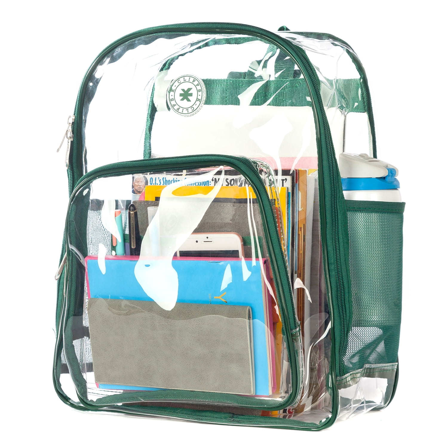 K-Cliffs Unisex Heavy Duty Clear Backpack with Green Trim