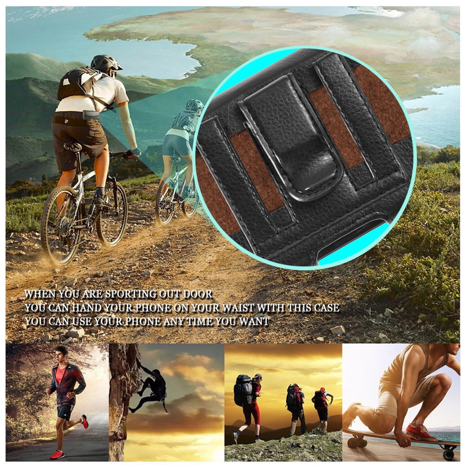 Universl Black Vegan Leather Large Size Leather Horizontal 6.75 X 3.75 X 0.75 inch Cell Phone BeltLoop Holster Case