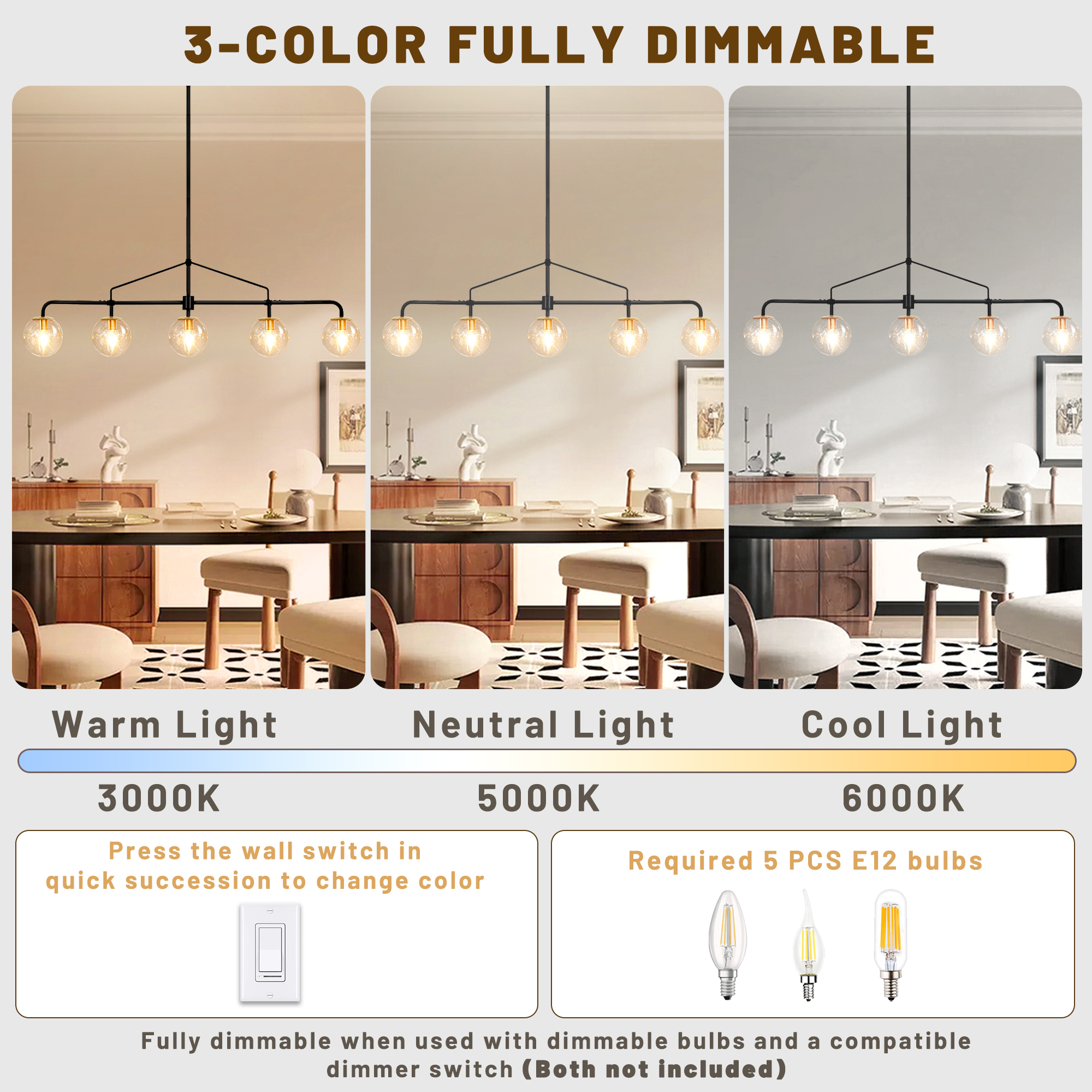 Auffel Dining Room Light Fixtures over Table 39 Inch Linear Chandeliers for Dining Room,Balck and Gold 5-Light Pendant Lights Kitchen Island,Seeded Glass Globe Lampshade