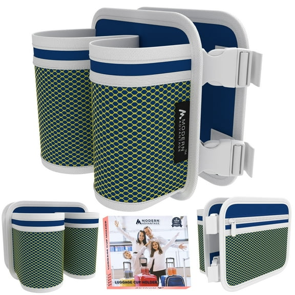 Modern Advantage Luggage Cup Holder - Drink Caddy Carry-on Attachment (Blue with Yellow Net)