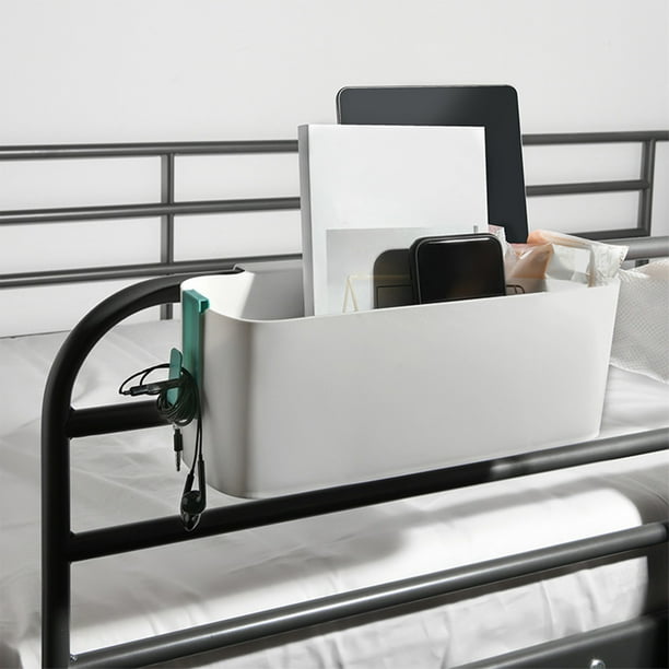 Cesta de almacenamiento de plástico blanco para mesita de noche con ganchos | Organizador bajo la cama para dormitorios y universidades | Cesta de 33 x 11,4 x 12 cm para libros, teléfono y artículos