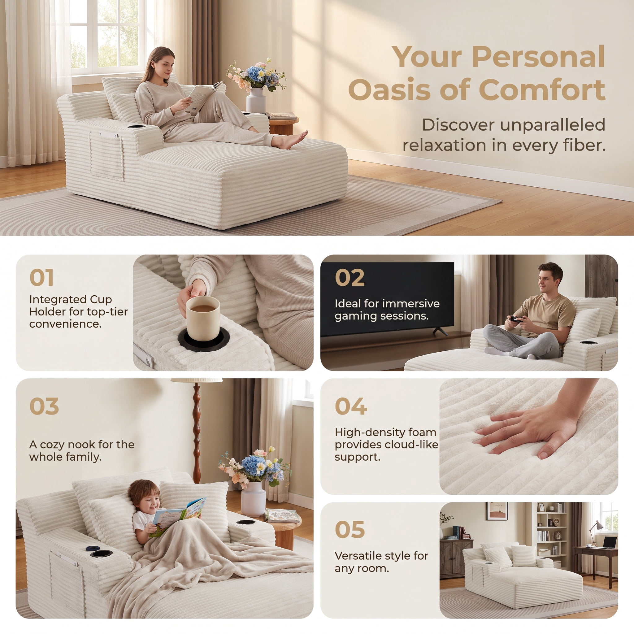 ShiKeyi 66'' Chaise Lounge Chair Indoor, Boneless Sofa Cloud, Plush Corduroy Chaise Couch with Cup Holders, Side Storage Pocket & Pillows, No Assembly Required, Beige