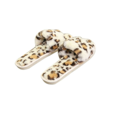 

Fangasis Womens Furry Fluffy Leopard Print Slippers Slip On Slides Flat Shoes Mules Open Toe