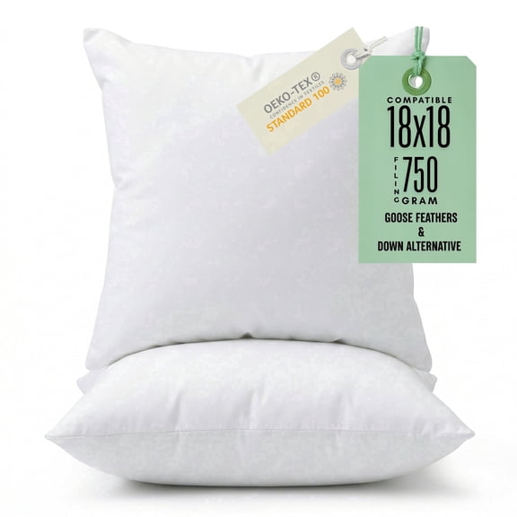 Preminente Decorative Throw Pillow Insert, Feathers and Down Fill, 100% Cotton Cover, Square Pillow Insert -18X18