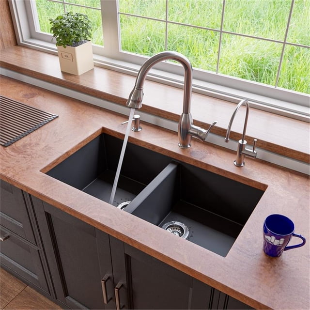 Pemberly Row Black 34" Undermount Double Bowl Granite Composite Kitchen Sink