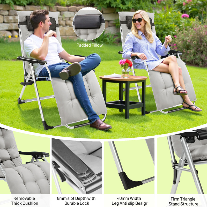 Simenmax Zero Gravity Chair, Reclining Camping Lounge Chair for Indoor, Reclining Patio Chairs with Cup Holder Trays and Removable Cushion, Folding Recliner for Outdoor,Gray