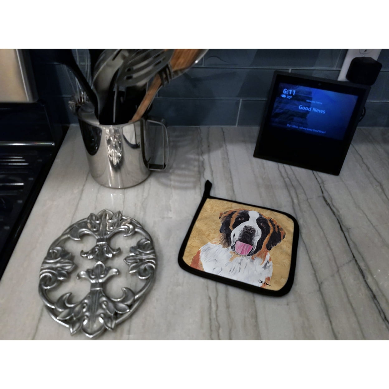 Carolines Treasures SC9129PTHD Saint Bernard Wipe your Paws Pair of Pot Holders, 7.5HX7.5W, multicolor