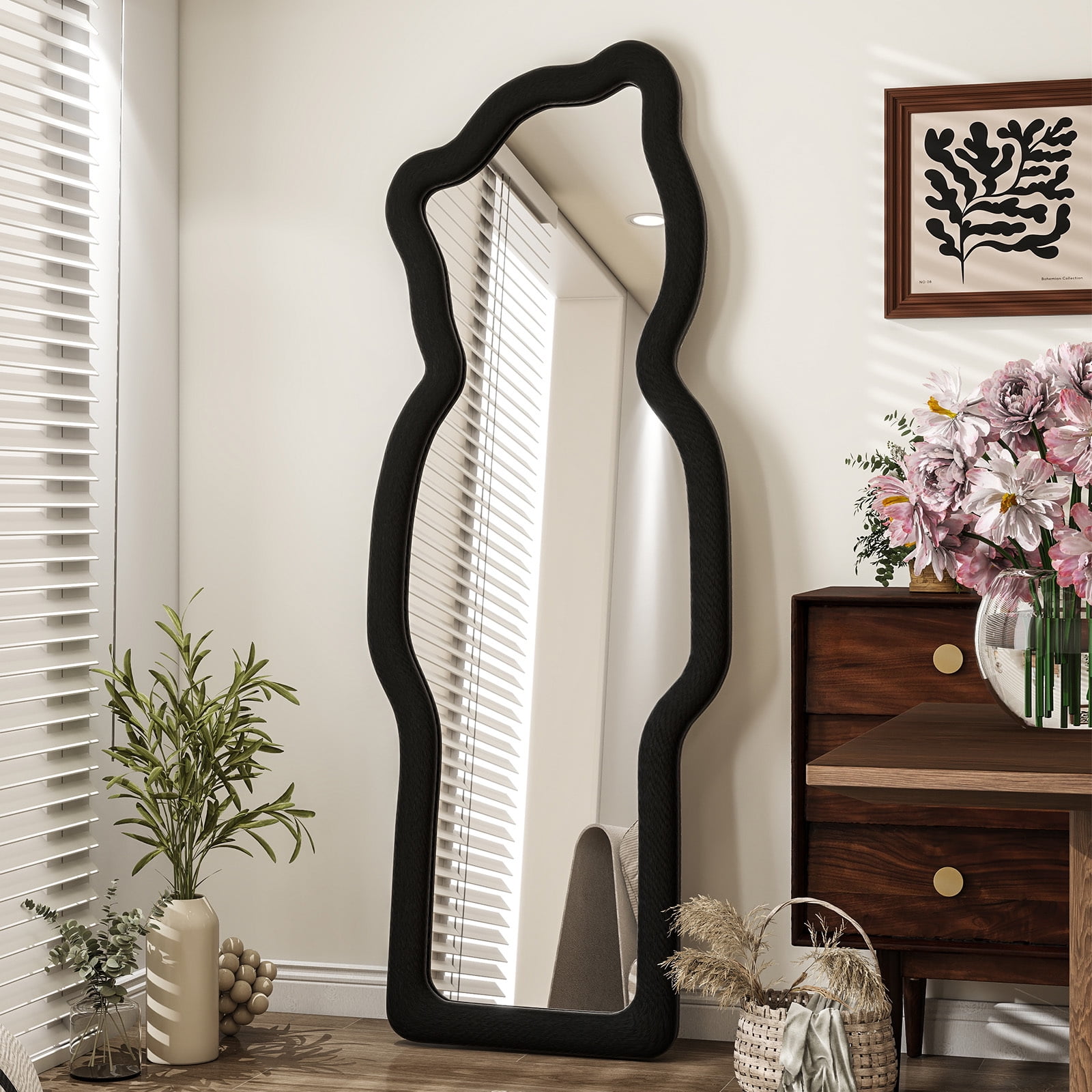 Easy4Home 63"x24" Irregular Full Length Mirror with Bear Shaped Flannel Frame Decorative Round Edge Floor Mirror, Black