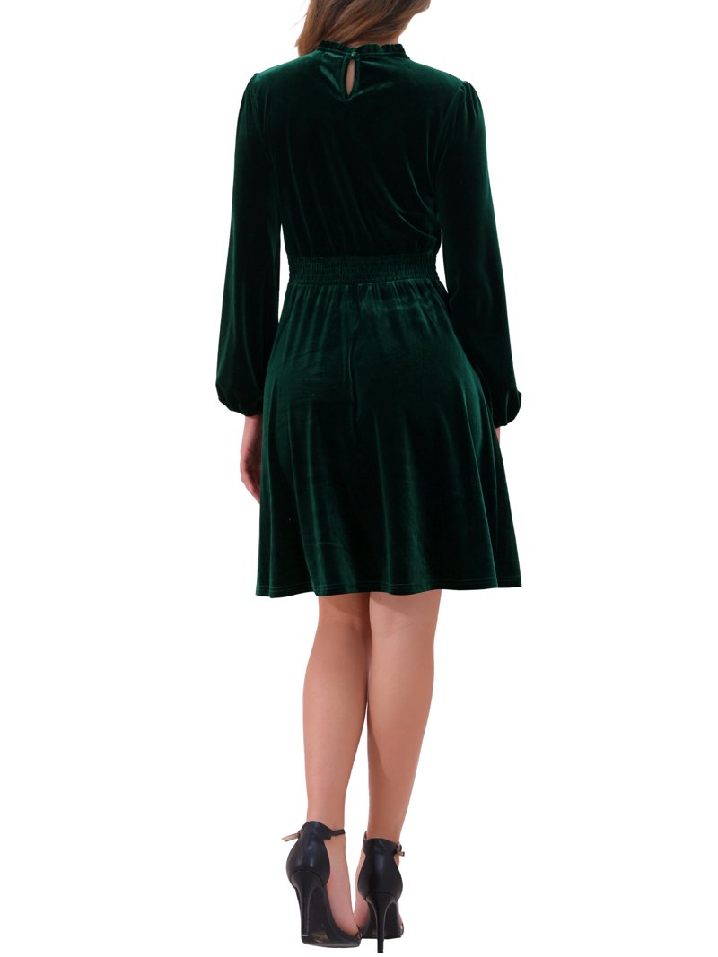 Inspire Chic Women's Velvet Dresses Smocked Waist Long Sleeve Wedding Guest Dress XS Green Inspire Chic Women's Velvet Dresses Smocked Waist Long Sleeve Wedding Guest Dress XS Green