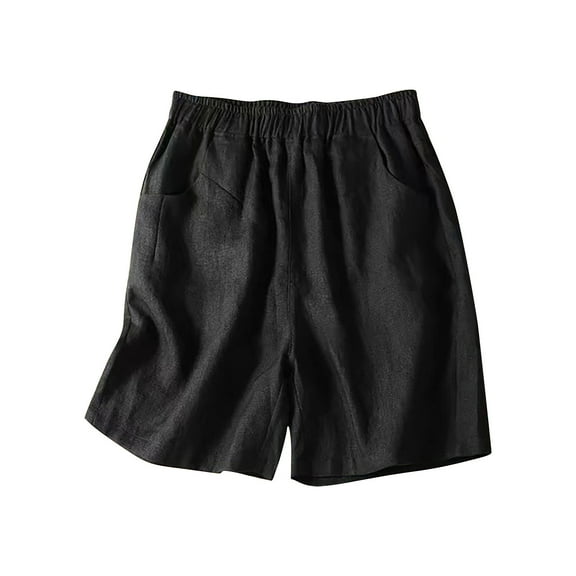 IROINNID Cotton Shorts for Women Pants For Summer Elastic High Waist Linen Pant Pockets Shorts,Black