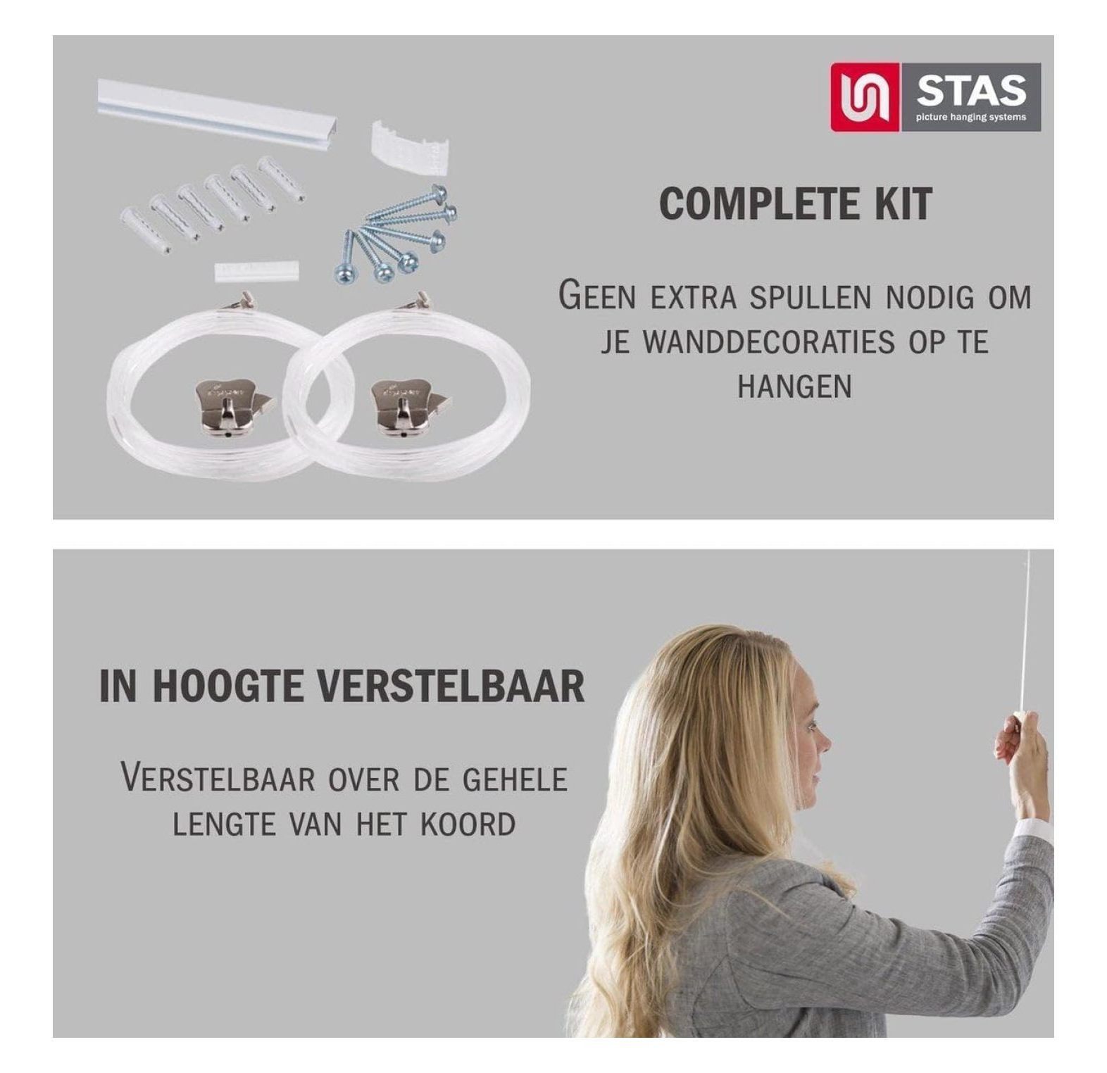 STAS Picture Hanging System minirail White 150 cm - Complete kit, incl. 2 Cords 150cm with