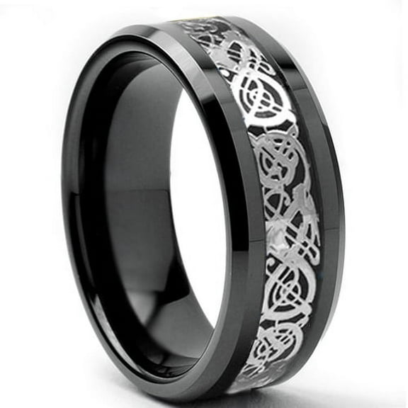 Tungsten Wedding Band Ring 8mm Men's Engagement Black & Silver Celtic Dragon Black Carbon Fiber Inlay