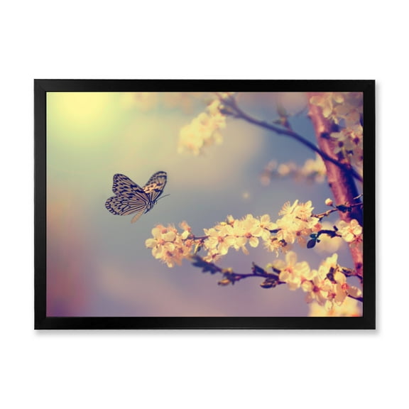 Designart 'Ancient Butterfly Flying To A White Flower' Traditional Framed Art Print