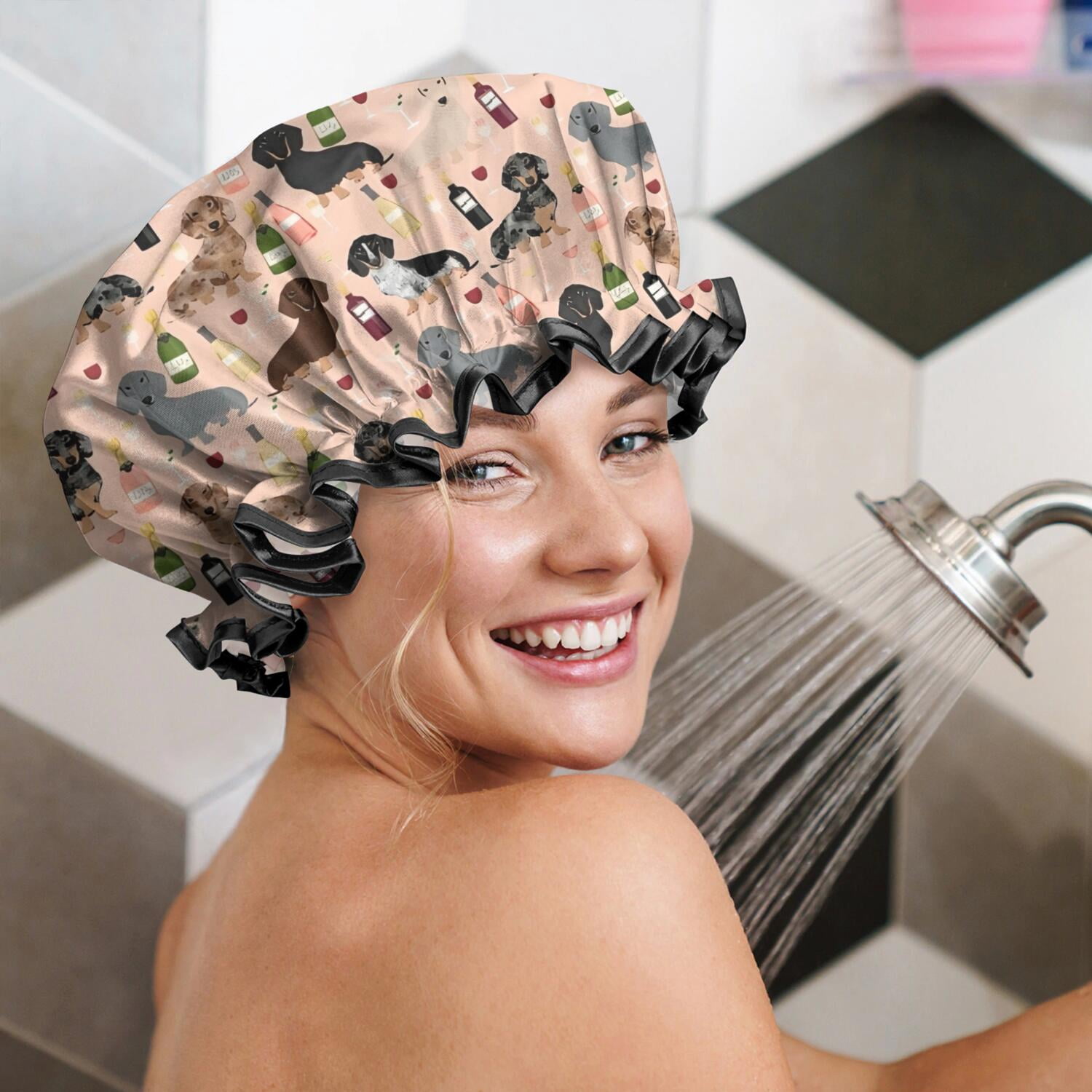 Shower Caps,Black Cute Dachshund Dog and Wine Waterproof Shower Cap for Women 4 Pieces,Double Reusable Hair Cover for Shower PEVA Elastic Stretch Hem