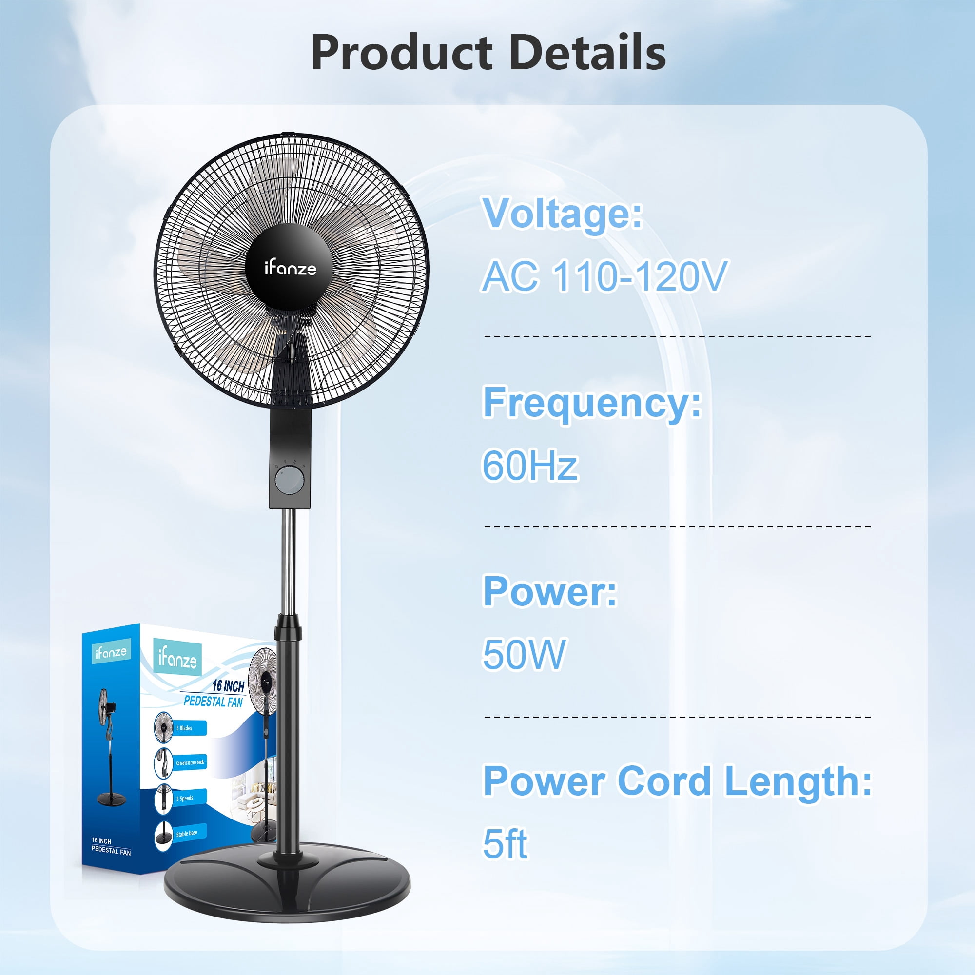 16" Oscillating Pedestal Fan, 5 Blades 3 Speeds Quiet Stand up Fan, Easy to Carry Adjustable Height and Tilt Electric Standing Fan for Home Bedroom, Black