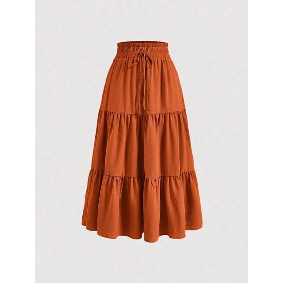 Women's Tie Waist Skirt, Elastic Waist Tiered Ruffle Hem Midi Skirt, Fitted Bottoms for Commute and Daily Wear