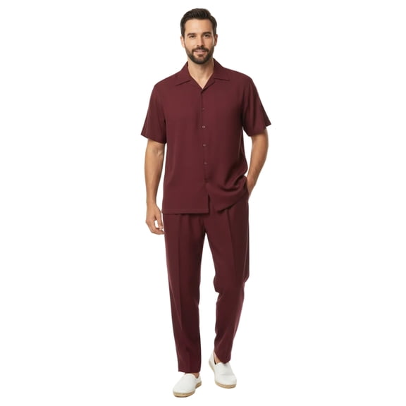 Men INSERCH 2pc Walking Leisure Suit Shirt Pants Set Short Sleeves 9356 Burgundy