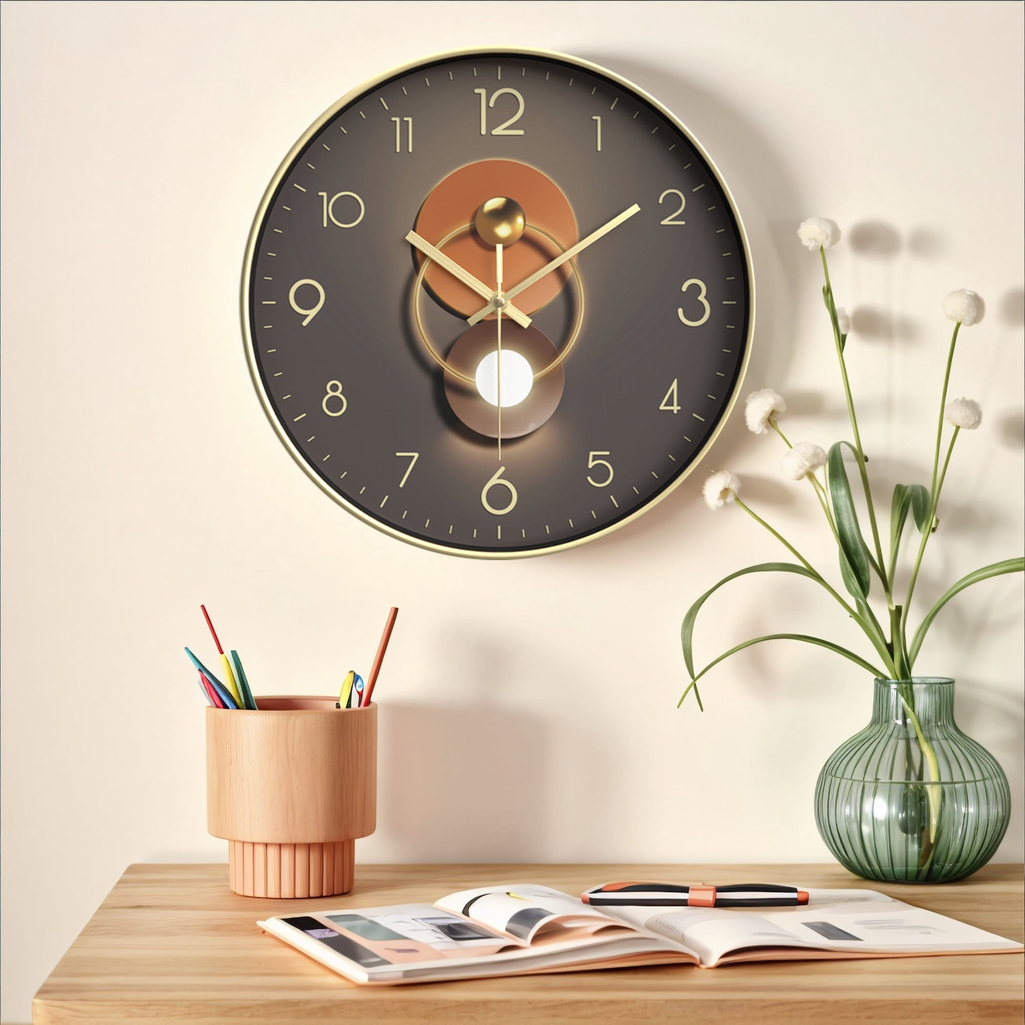 Unique Bargains Silent Non Ticking Battery Operated  Wall Clock Gold Pattern 4