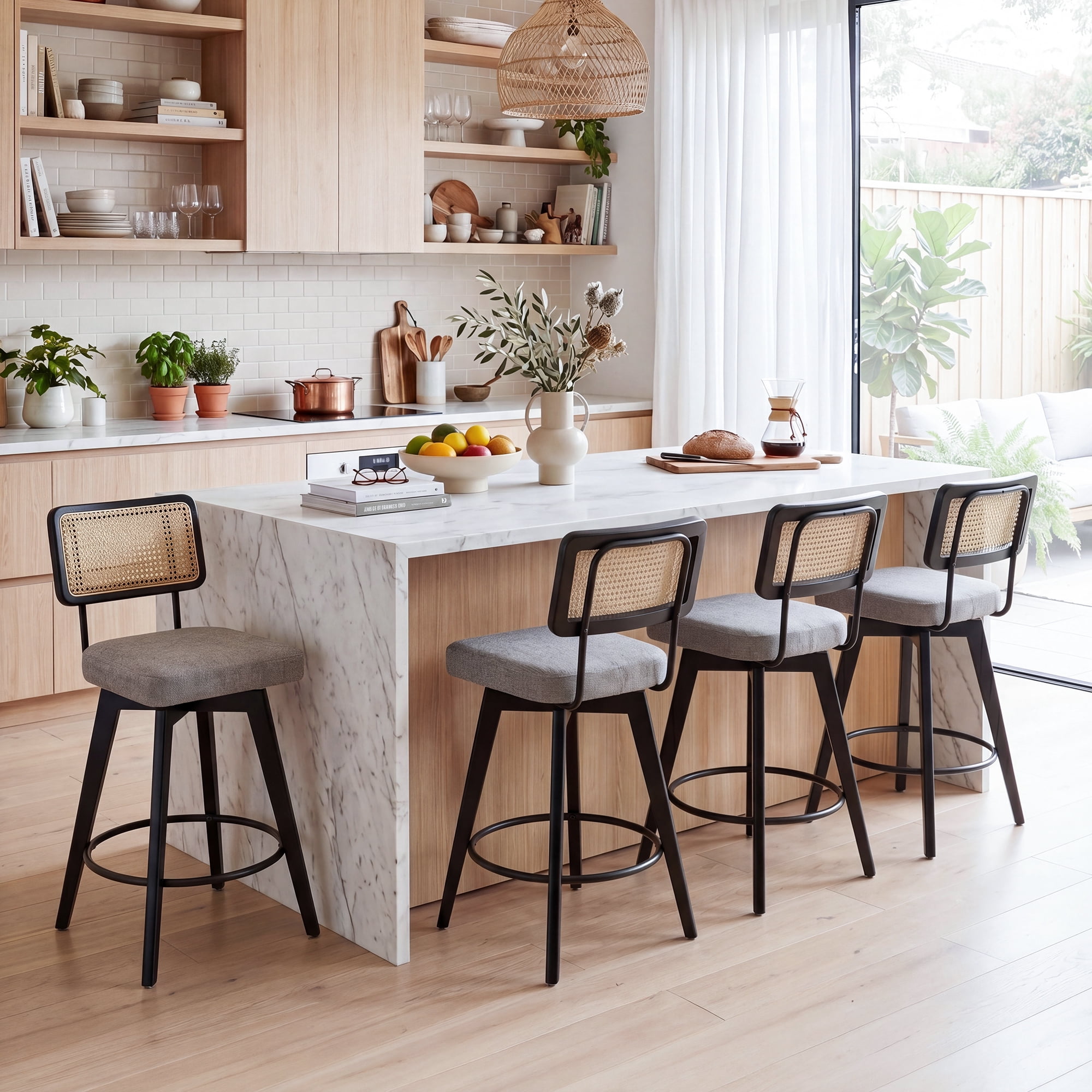 Zesthouse 26.2" Swivel Counter Height Bar Stools Set of 2, Upholstered Linen Counter Stools with Rattan Back, Mid Century Barstools with Solid Wood Frame for Kitchen Island, Gray
