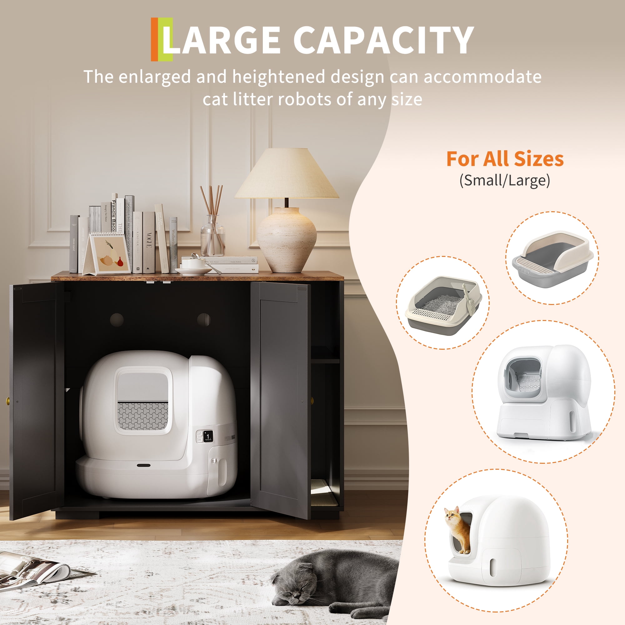 Extra-Large Cat Litter Box Cabinet with Scratch Pad – Dog-Proof Enclosure with Outlet, Large Automatic Litter Box Furniture and Storage for Cat Essentials