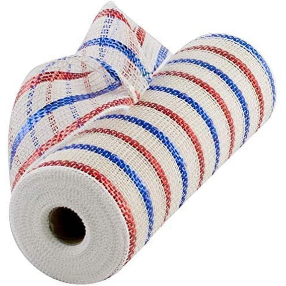 Metallic Patriotic Striped Deco Mesh - 10.5" x 10 Yards, Metallic Red & Blue Stripes on White, Memorial Day, 4th of July, America 250 Anniversary, USA Decor, Wreath, Garland, Presents, Veterans Day