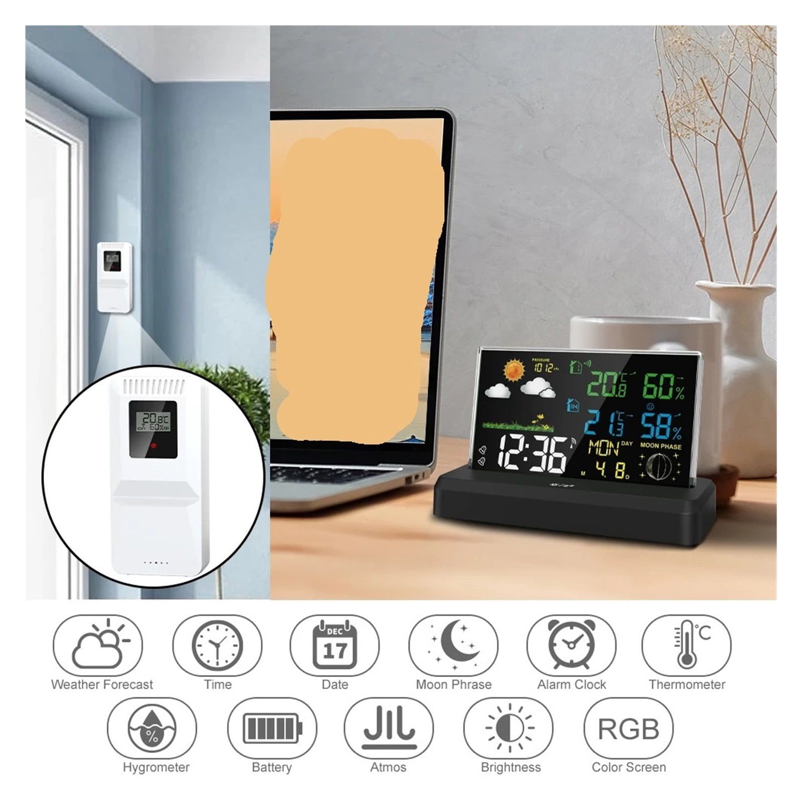 Wireless Weather Station Alarm Clock Color Screen In/Outdoor Thermometer Hygrometer - BLACK