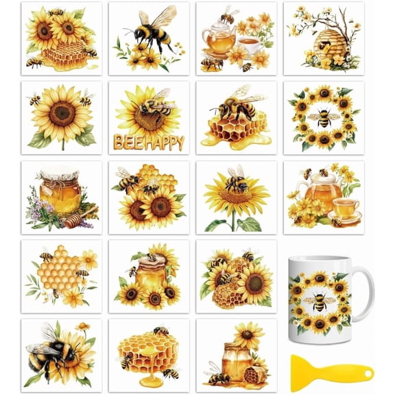 18 Sheets Rub On Transfers for Crafts Bees and Sunflowers UV DTF Cup Wrap Waterproof Cold Transfers Stickers for Wood Glass Home Decor 3.6 * 3.9inch DIY Making