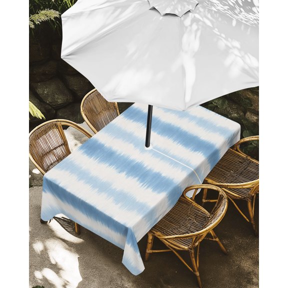 Outdoor Tablecloth with Umbrella Hole, Vertical Halation Blue White Striped Zippered Table Cloth for Rectangle Tables, Navy Lines Washable Waterproof Tablecloths for Picnic Patio Garden