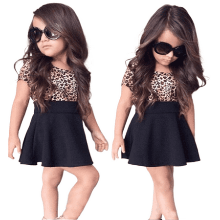 

Musuos Toddler Kids Girls Summer Dress Leopard Print Patchwork Dress Children Short Sleeve O-Neck Dress