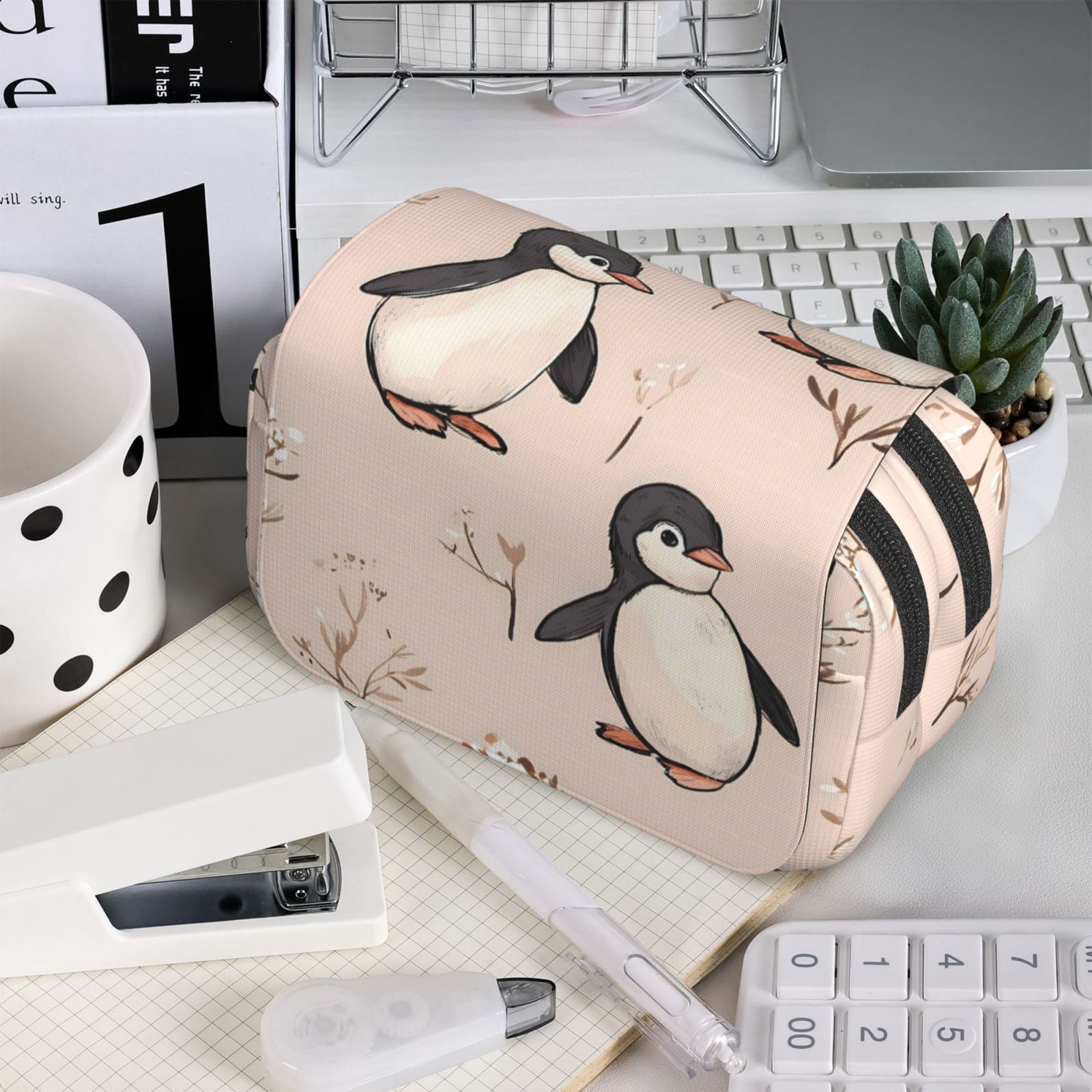 Large-Capacity Flip-Top Double-Layer Pencil Case, Multi-Functional Pocket Pen Case, Durable Stationery Organizer Adorable Penguin