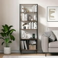 thumbnail image 6 of 5 Tier Ladder Shelf with Cabinet, Mid Century Modern Bookshelf, Tall Bookcase with Charging Station, Wood and Metal Open Display Shelf for Living Room, Bedroom, Home Office, Walnut, 6 of 8