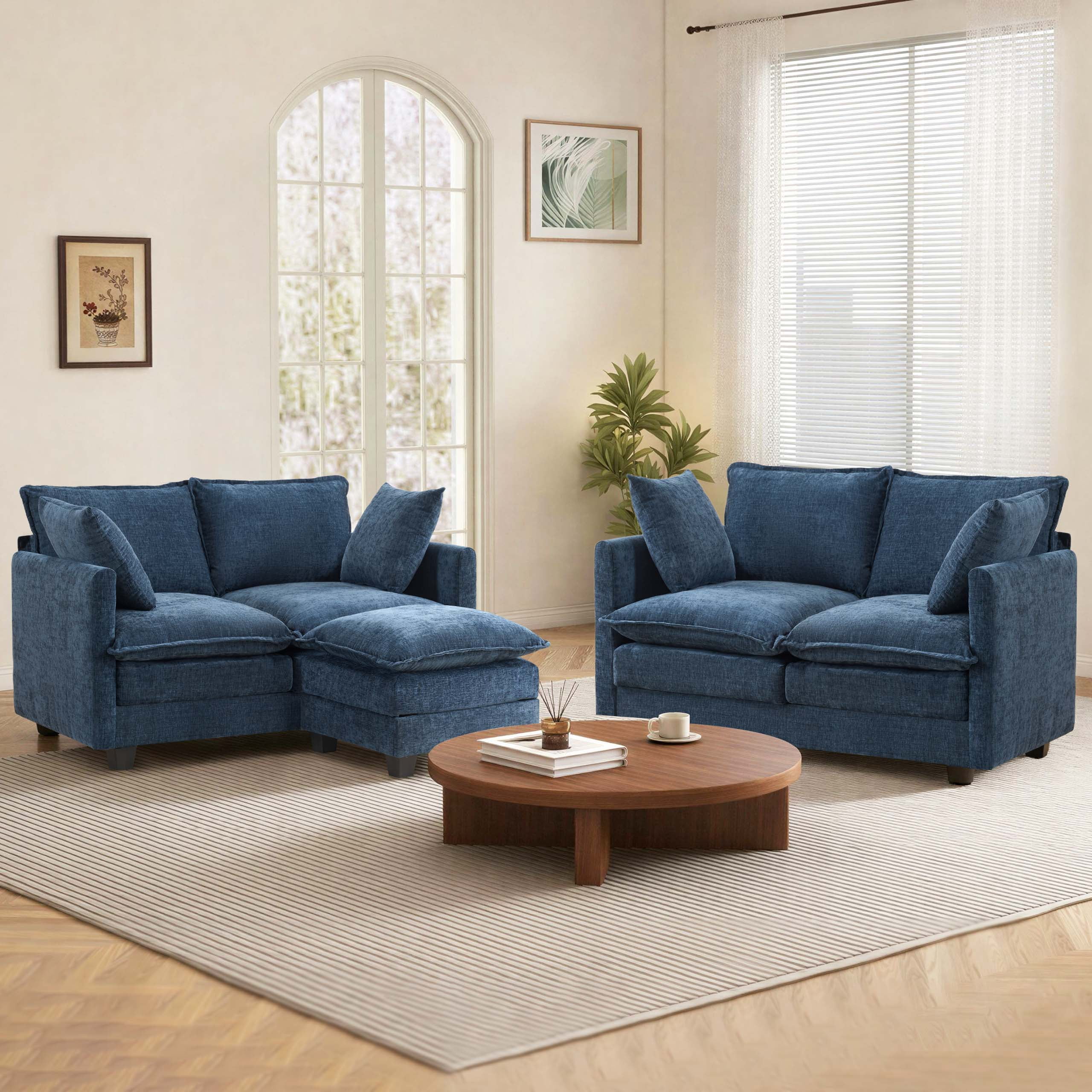 Dioepic 50" Loveseat Sofa Couch Deep Seat Chenille Fabric with 2 Pillows for Living Room and Small Spaces, Blue