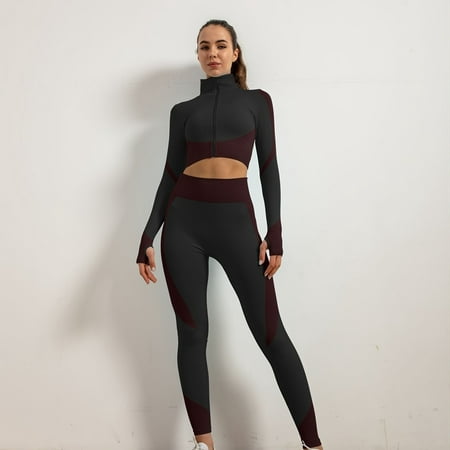 

Women s Yoga Fitness Suits 2pcs Solid Color Seamless Stretchy Sports Suit Turtleneck Long Sleeve Thumb Hole Cropped Tank Top & Slimming High Waist Legging Set