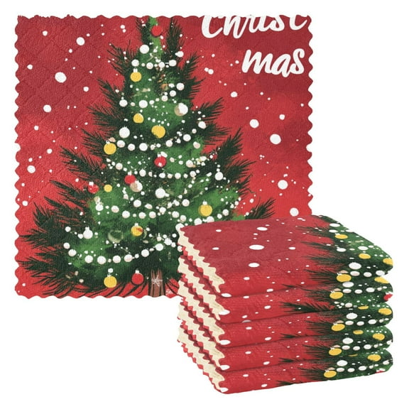 Merry Christmas in Red Kitchen Cloth Dish Towels for Drying Washing Absorbent Dish Rags 6 Pack
