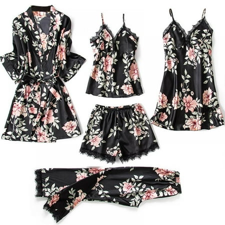 

Monfince 5pcs/set Women s Silk Satin Pajama Set Cami Top Nightgown Lace Robe Suits with Chest Pads M-XXL