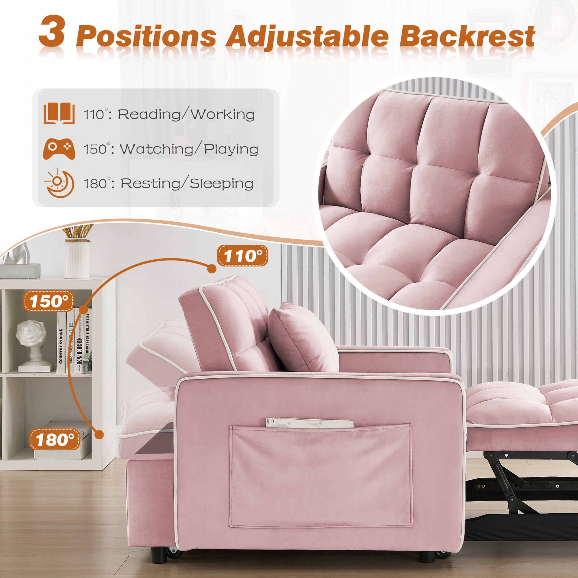 Dinosisco 4-in-1 Convertible Chair Bed, Sleeper Chair Lounge Chair Indoor, Modern Single Pull Out Couch for Living Room, Pink Velvet