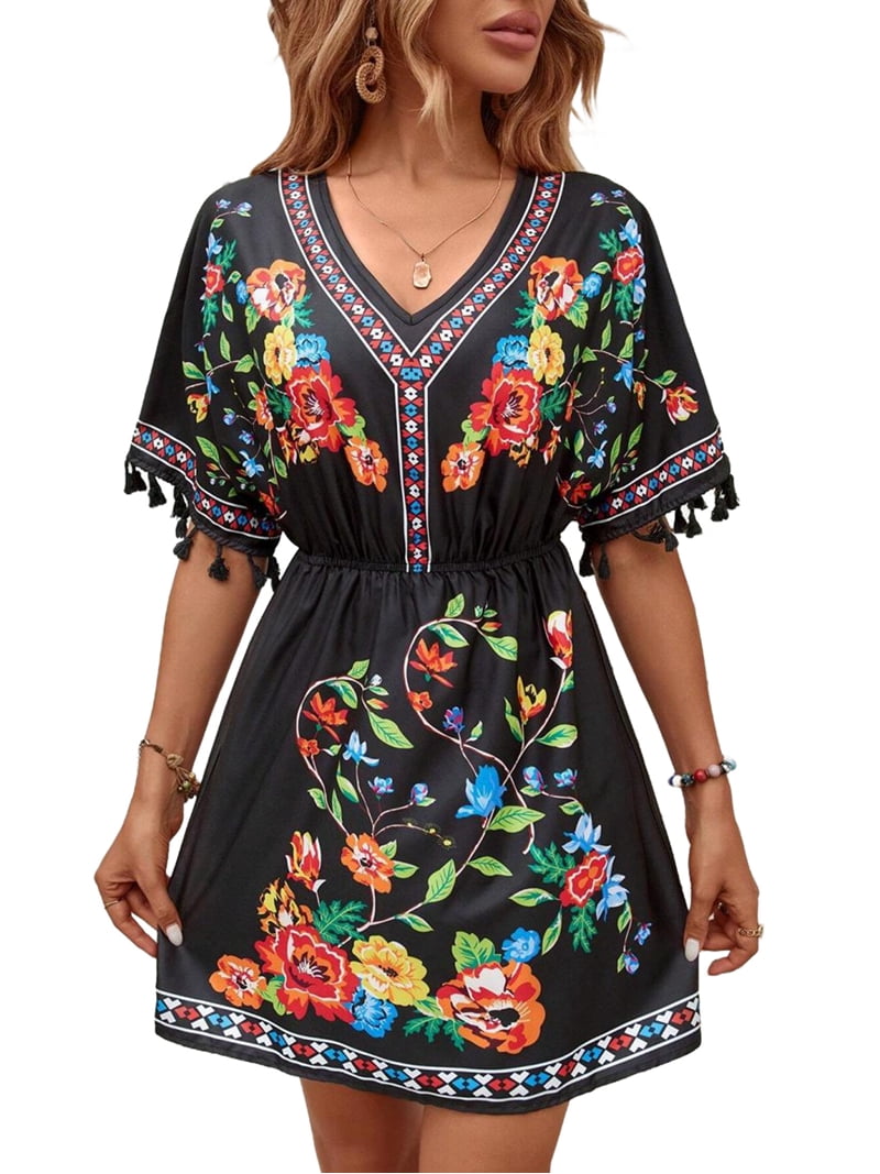 Plus Size Boho Fashion Dress for Women, Short Sleeve Mexican Embroidered  Summer Maxi Dress with Pockets, Fiesta Vacation Casual Dress Black L