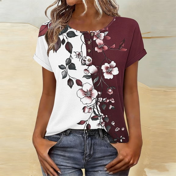 Tops for Women Short Sleeved Button-up Round-neck Printed Base T-shirt Red XXL