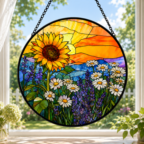 Sunflower Stained Glass Suncatcher, Wildflower Window Hanging, Garden Home Decor (3.94")