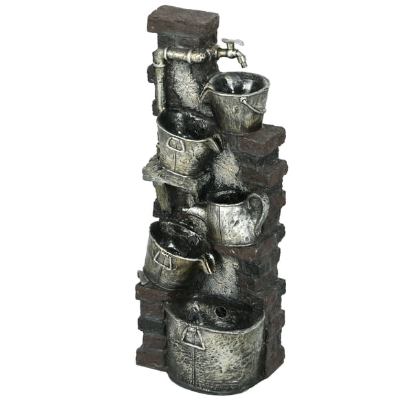 5-Tiered Outdoor Water Fountain with LED Lights, 39.4-Inch Bronze Resin Waterfall, Adjustable Flow Faucet and Barrel Design for Garden, Patio, Backyard, and Zen Decor