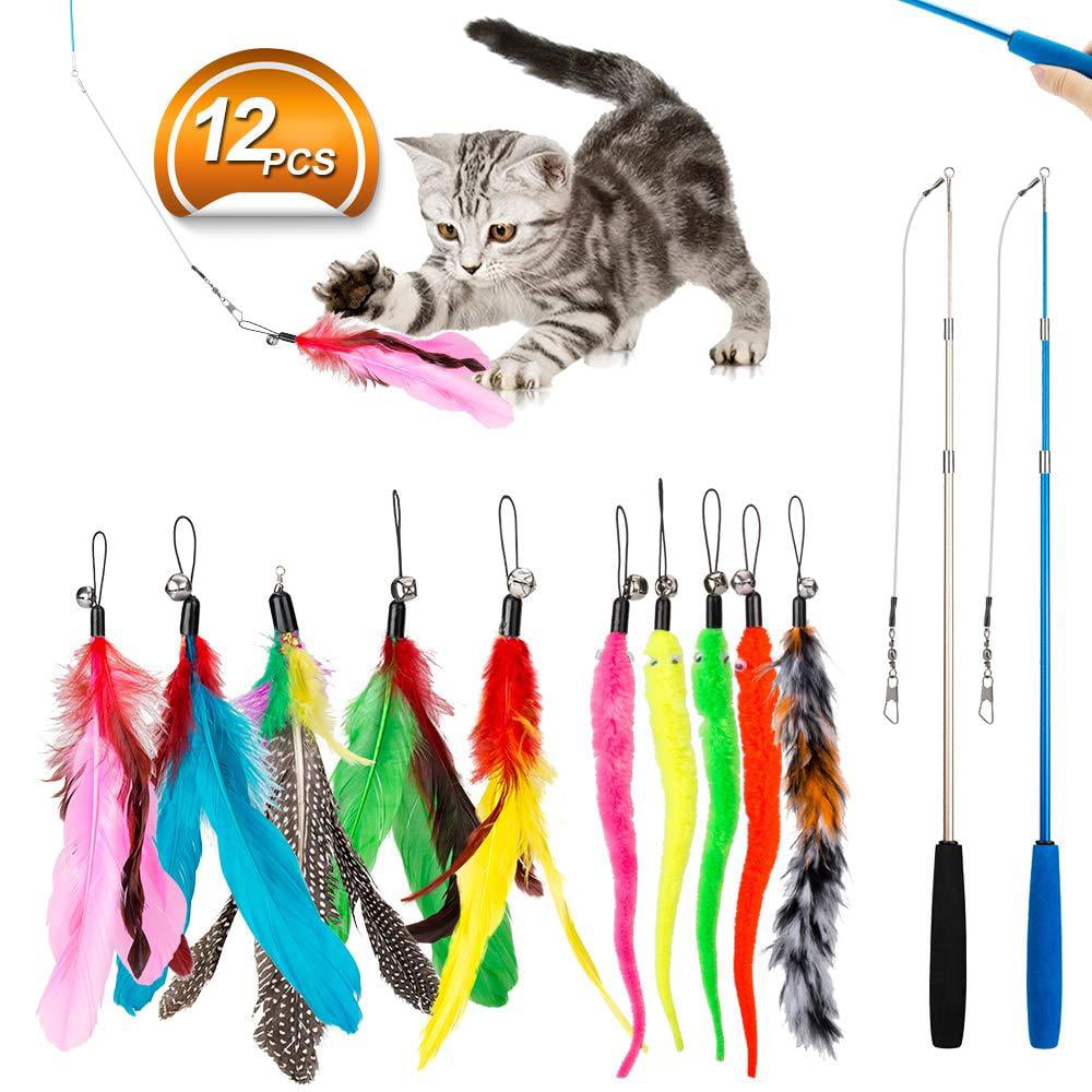 Cat Toy Wand,Cat Toys Interactive Retractable Wand Rod with Assorted Feather Toy for Exercising POPETPOP 11Pcs Cat Fishing Pole,Cat Feather Toy