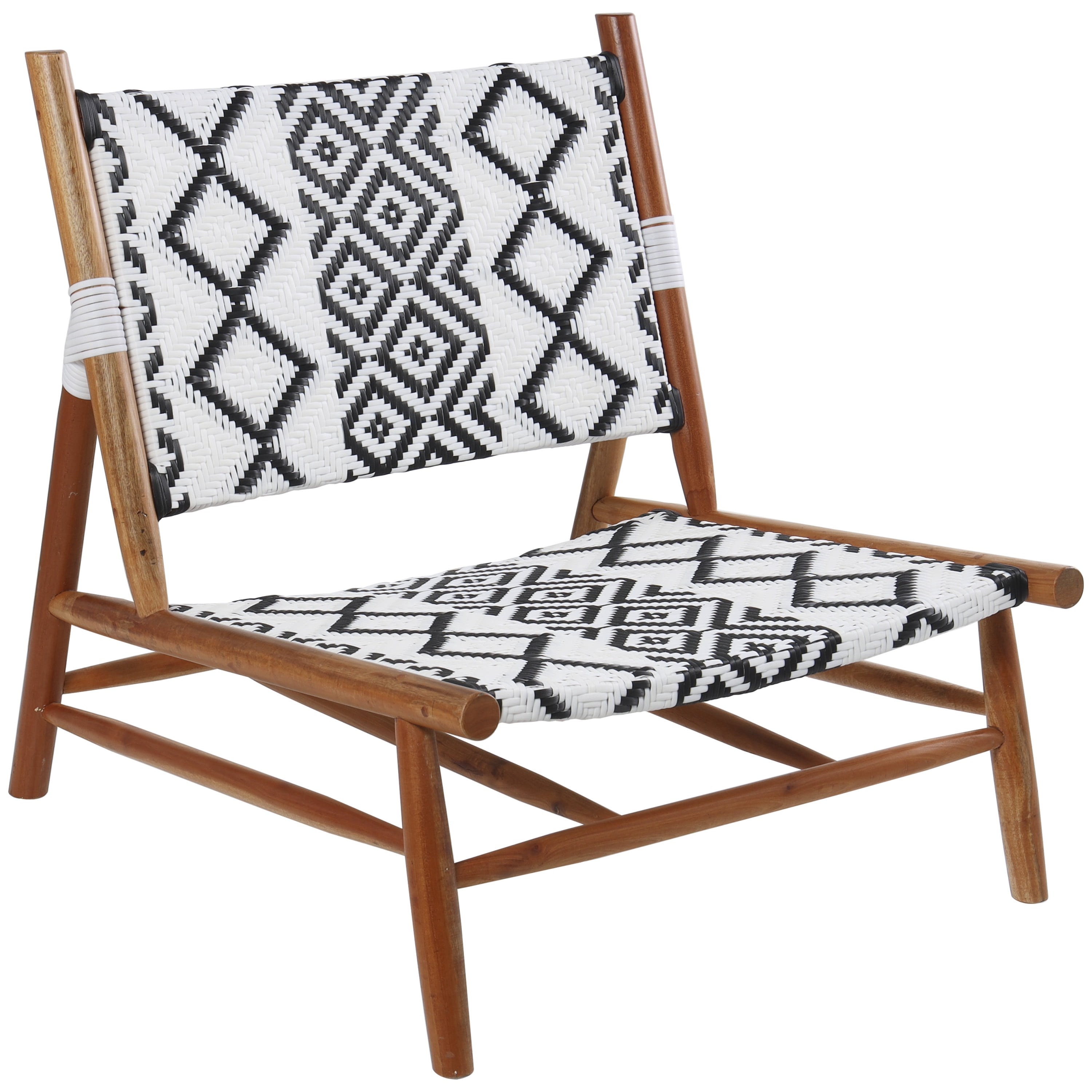 DecMode Wood Lounge Chair with Black Tribal Woven Seat, White, Set of 2