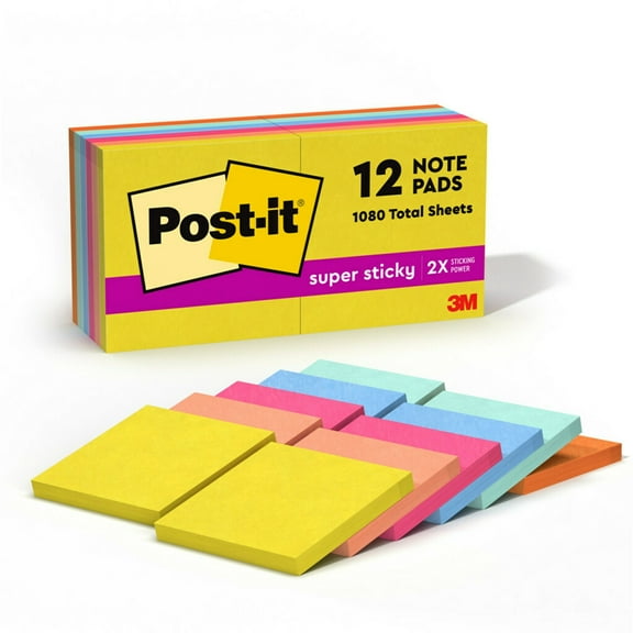 Post-it® Super Sticky Notes, 3 in x 3 in, 12 Pads, 90 Sheets/Pad, 2x the Sticking Power, Summer Joy Collection