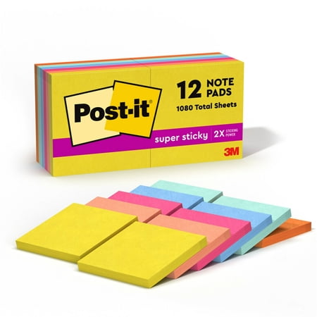 Post-it® Super Sticky Notes, 3 x 3 in, 12 Sticky Note Pads, 90 Sheets/Pad, 2X the Sticking Power, School Supplies and Office Products, Summer Joy