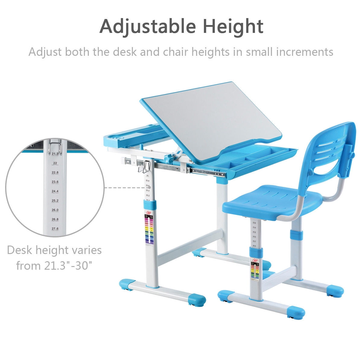 Gymax Children's Desk Chair Set Multifunctional Study Drawing Height Adjustable Blue