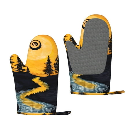 

Junzan Sunset River Pine Trees for Oven Mitts 2 Piece Set BBQ Gloves Grilling Gloves Heat Resistant Oven Gloves Kitchen Silicone Oven Mitts for Barbecue/Cooking/Baking