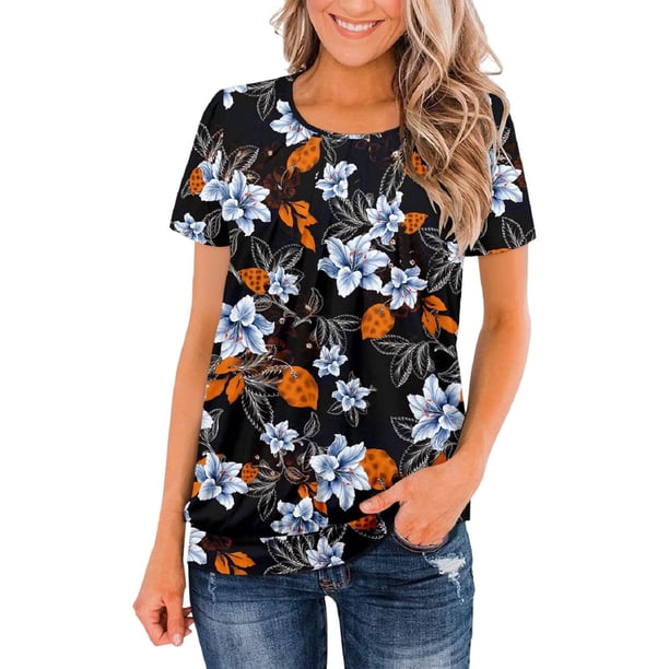 Blusa de cuello redondo fruncido a la moda para mujer, camisetas holgadas de manga corta con estampado, camiseta clásica de verano Pompotops hkajfhjk464725
