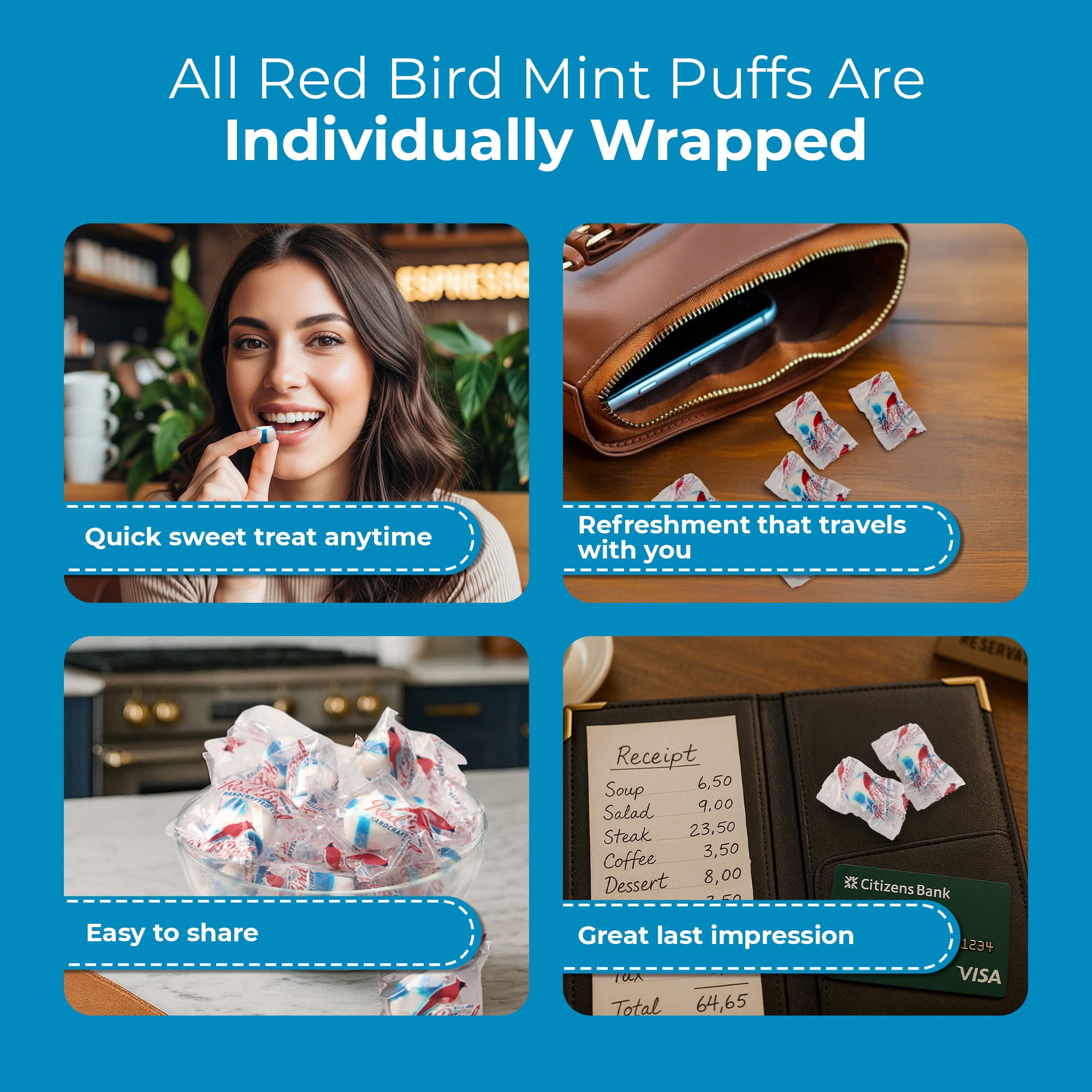 Red Bird Blue Raspberry Flavored Candy Puff, Individually Wrapped Candy, Allergen-Free, 52 oz Tub