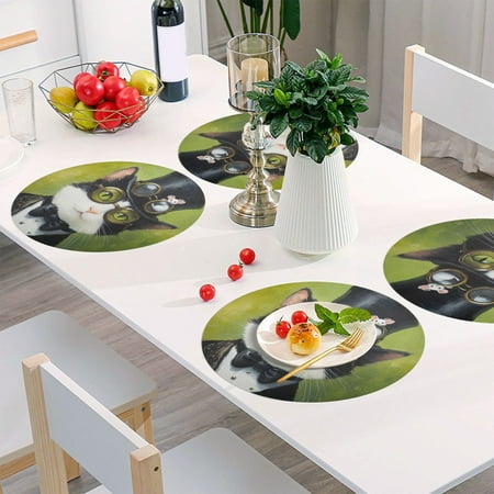 

Round Grid Placemat One Sizex1 Round Placemat PVC Plate Mat，15.4 Inch Non-Slip and Heat Resistant Table Placemat Dining Room Placemat Cool Black Cat